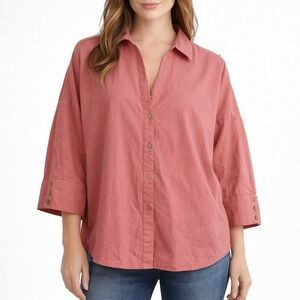 ZARA Womens XL Pink Button Front Shirt 3/4 Sleeve Relaxed Blouse Top